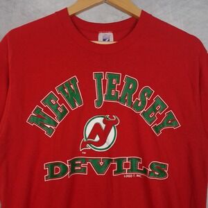 Vintage New Jersey Devils Shirt Graphic Mens Large Red NHL Hockey Logo 7 USA